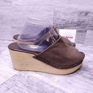 Cordani Jones Studded Canvas Mule Wooden Wedge Sandal Brown sz 40 Women's sz 10